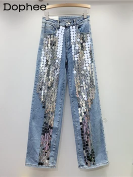  Декоративные прямые джинсы с тяжелой вышивкой пайетками для женщин 2023, весна и осень, новые уличные брюки с высокой талией и широкими штанинами в уличном стиле.