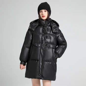  Пуховик средней длины из хлопка для женщин, Новинка зимы 2023, повседневная утолщенная теплая верхняя одежда с капюшоном, Женское Темпераментное Тонкое Свободное пальто