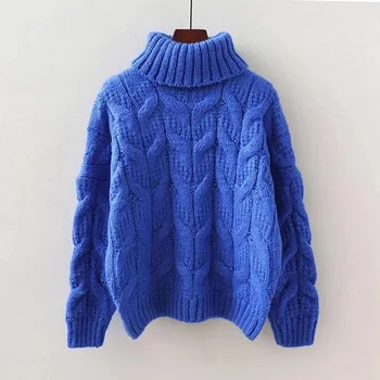  Синяя водолазка, однотонный Повседневный свитер с длинным рукавом, Толстый Акриловый вязаный женский свитер, Корейский модный пуловер, свободные свитера, Зима