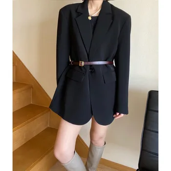  Офисный Женский Черный блейзер, женская куртка с отложным воротником на одной пуговице, Корейская винтажная Тонкая верхняя одежда, Стильные топы