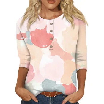  Женская футболка с красочным принтом, рукав три четверти, воротник на пуговицах, футболка 2024, Новые весенне-летние базовые пуловеры, топы Ropa