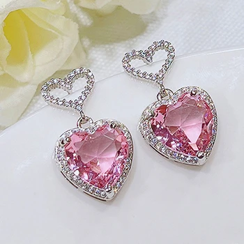  Роскошные женские серьги-сердечки из розового кубического циркония Серебристого цвета, Сверкающие Свадебные аксессуары для помолвки, Модные украшения