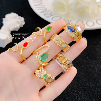  Foydjew В итальянском средневековом стиле Золотые кольца с полой ромашкой и змеей, инкрустированные разноцветным цирконом, Открытое Регулируемое кольцо для женщин
