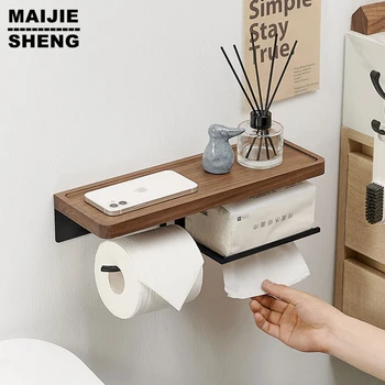  Настенный держатель для туалетной бумаги, двойной рулон черного цвета, подставка для телефона, держатель для туалетной бумаги с полкой из черного ореха для ванной комнаты
