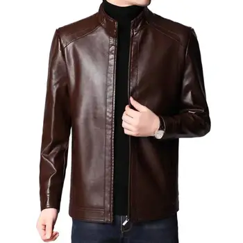  Мужская куртка из искусственной кожи, однотонный воротник-стойка, длинный рукав, Защита шеи на молнии, Мотоциклетная ветрозащитная осенне-зимняя куртка