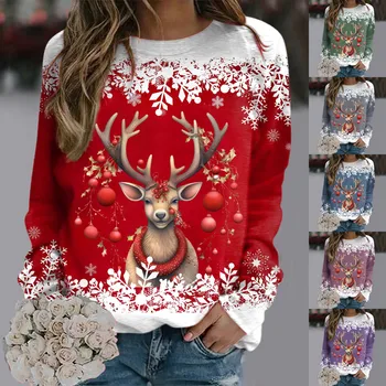  Свитера для женщин, Рождественские свитера для девочек-подростков, толстовка с длинным рукавом и воротником, Рождественские рубашки с изображением милых оленей