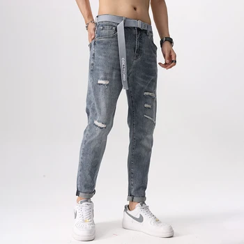  Летние джинсы длиной до щиколотки, мужская одежда, выстиранные потертые джинсовые брюки, простая повседневная одежда, модные брюки с дырками